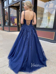 Spaghetti Strap Blue Prom Dresses Lace Appliqued Formal Dress FD2637