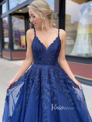 Spaghetti Strap Blue Prom Dresses Lace Appliqued Formal Dress FD2637