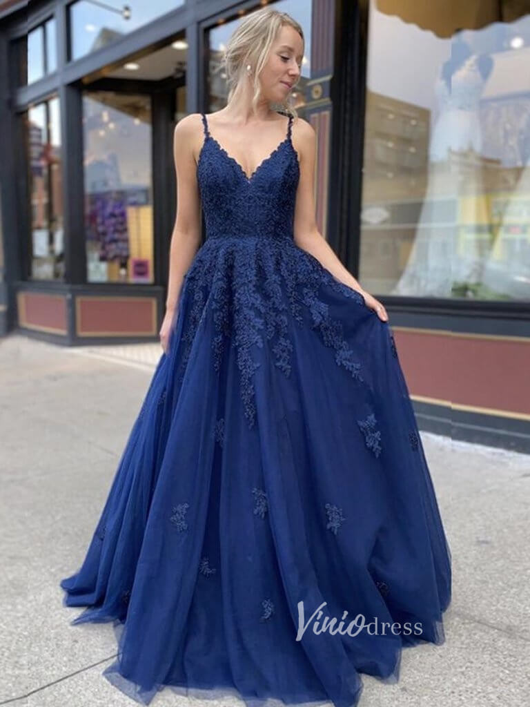 Spaghetti Strap Blue Prom Dresses Lace Appliqued Formal Dress FD2637
