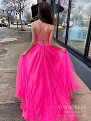 Spaghetti Strap Hot Pink Tulle Prom Dresses with Slit FD2544
