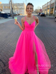 Spaghetti Strap Hot Pink Tulle Prom Dresses with Slit FD2544