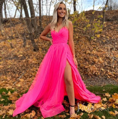 Spaghetti Strap Hot Pink Tulle Prom Dresses with Slit FD2544
