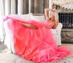 Spaghetti Strap Hot Pink Tulle Prom Dresses with Slit FD2544