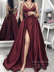 Spaghetti Strap Hunter Green Satin Prom Dresses with Slit FD1405
