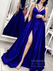 Spaghetti Strap Hunter Green Satin Prom Dresses with Slit FD1405