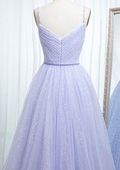Spaghetti Strap Lavender Prom Dress Shiny Sequin Lace Formal Dress FD2650