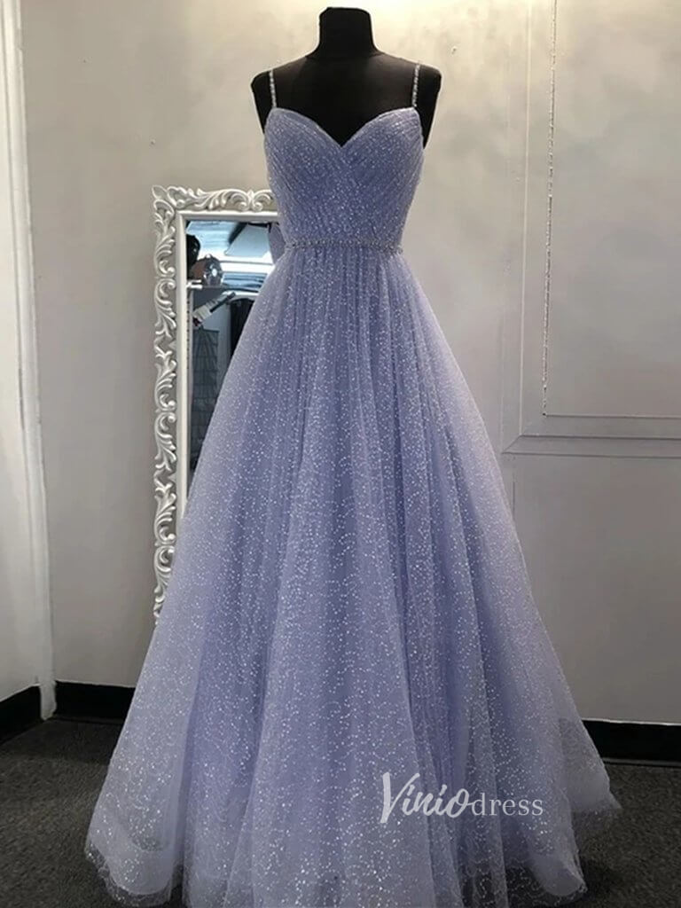 Spaghetti Strap Lavender Prom Dress Shiny Sequin Lace Formal Dress FD2650