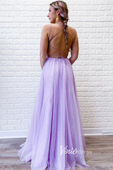 Spaghetti Strap Lilac Long Prom Dress with Slit FD2647