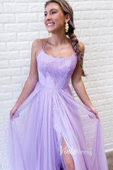 Spaghetti Strap Lilac Long Prom Dress with Slit FD2647