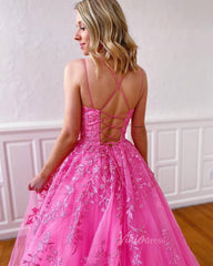 Spaghetti Strap Long Prom Dresses Lace-Up Back FD1265B