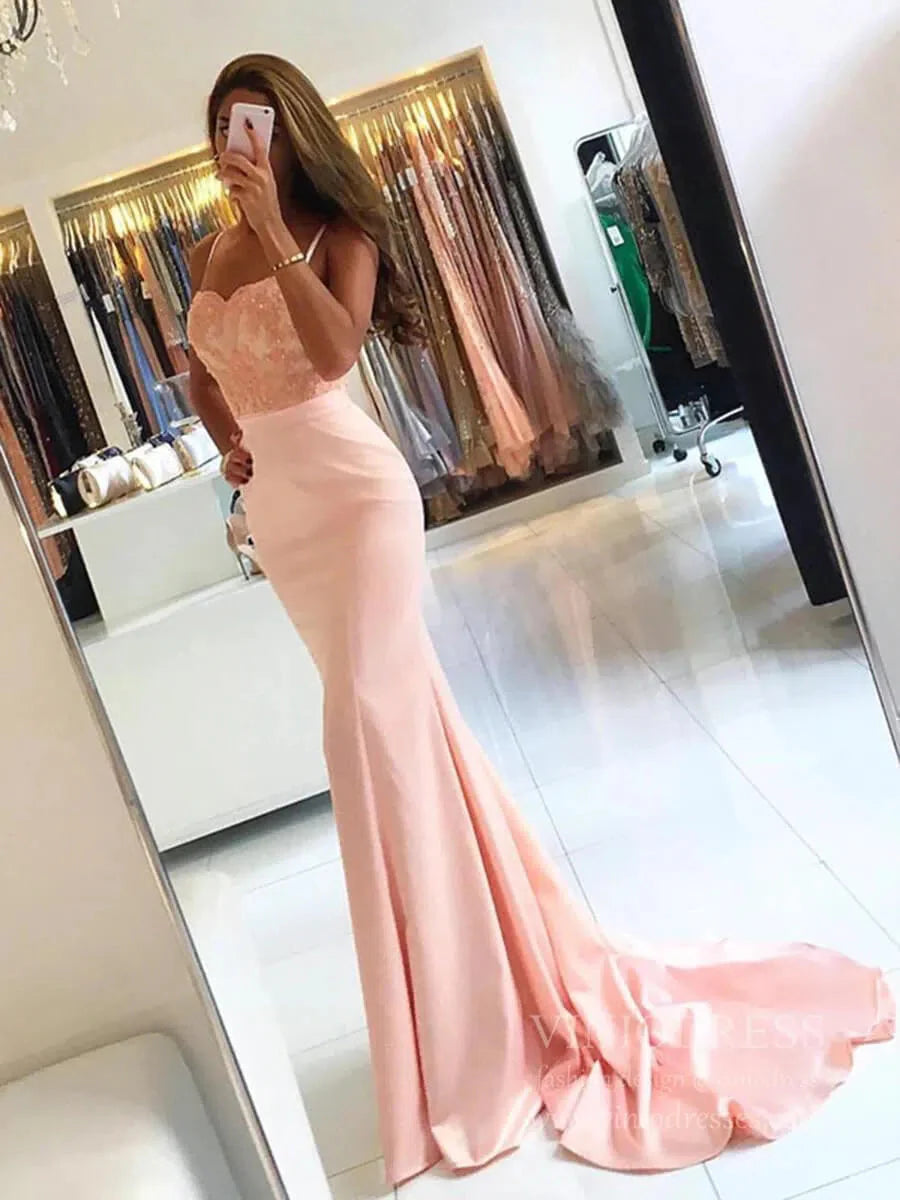 Spaghetti Strap Mermaid Blush Pink Prom Dresses Long FD1695