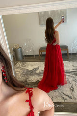 Spaghetti Strap Red Lace Prom Dresses with High Slit FD1348B
