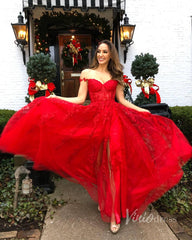 Spaghetti Strap Red Lace Prom Dresses with High Slit FD1348B