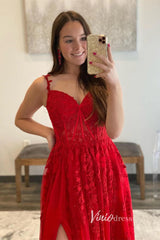 Spaghetti Strap Red Lace Prom Dresses with High Slit FD1348B