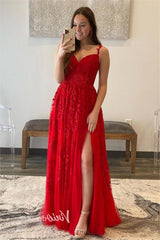 Spaghetti Strap Red Lace Prom Dresses with High Slit FD1348B