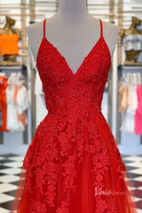 Spaghetti Strap Red Prom Dresses Lace Appliqued Tulle Formal Dress FD2124