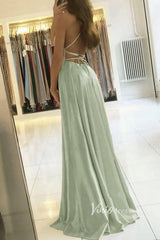 Spaghetti Strap Sage Green Satin Prom Dresses with Slit FD2706B