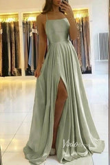 Spaghetti Strap Sage Green Satin Prom Dresses with Slit FD2706B