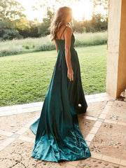 Spaghetti Strap Teal Green Prom Dresses with Long Train FD1708