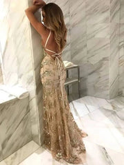 Sparkly Gold Sequin Mermaid Prom Dresses Spaghetti Strap Formal Dresses FD1683