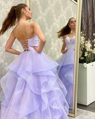 Sparkly Lavender Tiered Long Prom Dresses with Straps FD2649B