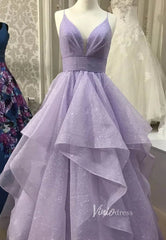 Sparkly Lavender Tiered Long Prom Dresses with Straps FD2649B