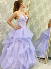 Sparkly Lavender Tiered Long Prom Dresses with Straps FD2649B
