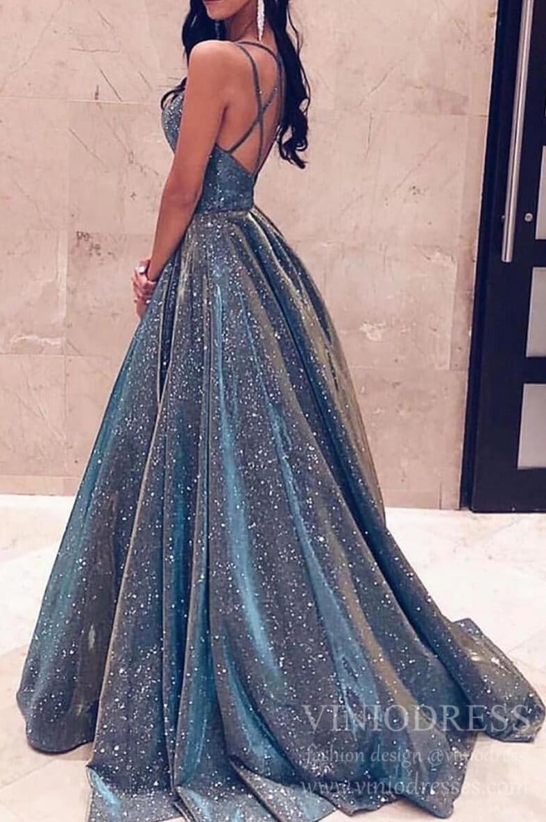 Sparkly Long Prom Dresses Spaghetti Strap Formal Dress FD1777