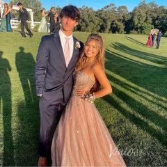 Sparkly Rose Gold Prom Dress Beaded Strapless Formal Gown with Corset Back FD2835