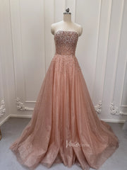 Sparkly Rose Gold Prom Dress Beaded Strapless Formal Gown with Corset Back FD2835