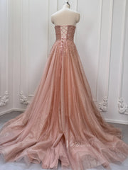 Sparkly Rose Gold Prom Dress Beaded Strapless Formal Gown with Corset Back FD2835