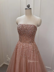 Sparkly Rose Gold Prom Dress Beaded Strapless Formal Gown with Corset Back FD2835