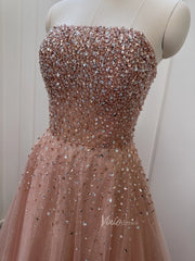 Sparkly Rose Gold Prom Dress Beaded Strapless Formal Gown with Corset Back FD2835
