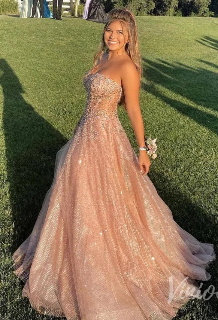 Sparkly Rose Gold Prom Dress Beaded Strapless Formal Gown with Corset Back FD2835