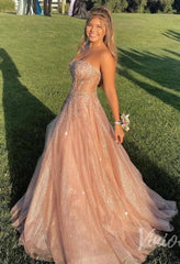 Sparkly Rose Gold Prom Dress Beaded Strapless Formal Gown with Corset Back FD2835