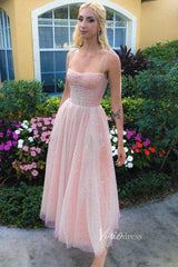 Starry Blush Pink Midi Prom Dress with Pockets FD2660