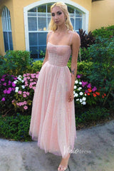 Starry Blush Pink Midi Prom Dress with Pockets FD2660