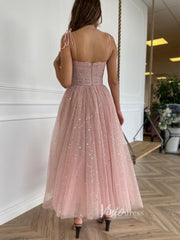 Starry Blush Pink Midi Prom Dress with Pockets FD2660