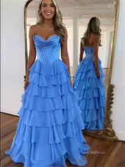 Strapless Chiffon Tiered Prom Dress with Slit & Lace Sweetheart Neckline – Style FD3732