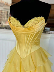 Strapless Chiffon Tiered Prom Dress with Slit & Lace Sweetheart Neckline – Style FD3732