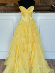 Strapless Chiffon Tiered Prom Dress with Slit & Lace Sweetheart Neckline – Style FD3732