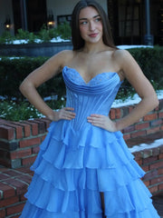 Strapless Chiffon Tiered Prom Dress with Slit & Lace Sweetheart Neckline – Style FD3732