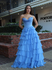 Strapless Chiffon Tiered Prom Dress with Slit & Lace Sweetheart Neckline – Style FD3732
