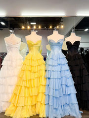 Strapless Chiffon Tiered Prom Dress with Slit & Lace Sweetheart Neckline – Style FD3732