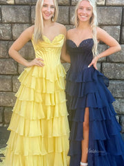 Strapless Chiffon Tiered Prom Dress with Slit & Lace Sweetheart Neckline – Style FD3732