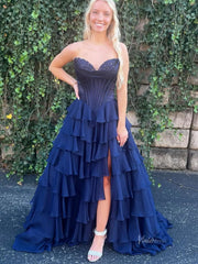 Strapless Chiffon Tiered Prom Dress with Slit & Lace Sweetheart Neckline – Style FD3732