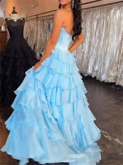 Strapless Chiffon Tiered Prom Dress with Slit & Lace Sweetheart Neckline – Style FD3732