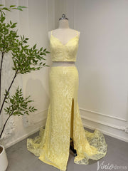 Two Piece Yellow Mermaid Lace Prom Dresses with Slit FD2547