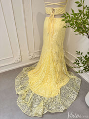 Two Piece Yellow Mermaid Lace Prom Dresses with Slit FD2547
