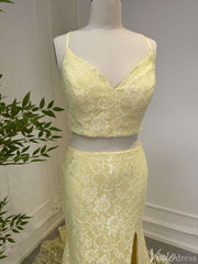 Two Piece Yellow Mermaid Lace Prom Dresses with Slit FD2547